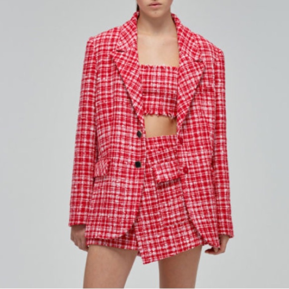 Self-Portrait boucle checked blazer red white tweed jacket Valentine’s Day ASO - Picture 13 of 16